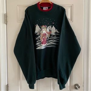 Vintage 90s Christmas Crewneck Sweatshirt Santa Novelty Western Green Red XXL